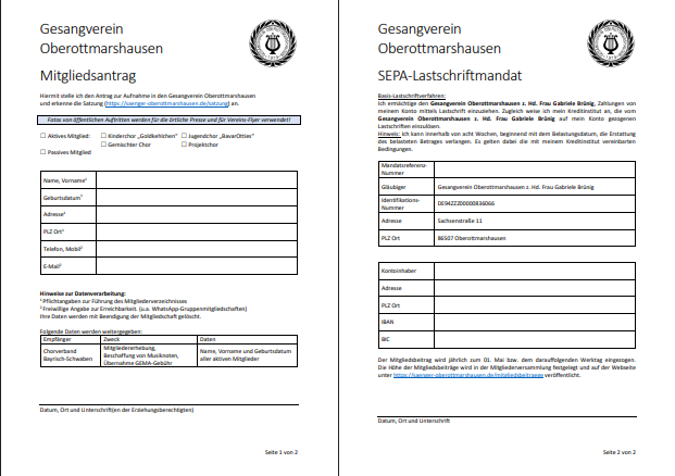 Zweiseitiges Dokument, Mitgliedsantrag & SEPA-Lastschrift