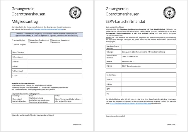 Zweiseitiges Dokument, Mitgliedsantrag & SEPA-Lastschrift
